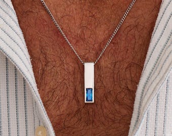 Personalized Mens Birthstone Necklace, Custom Vertical Bar Pendant, Minimalist Geometric Jewelry, Fathers Day Gift for Dad