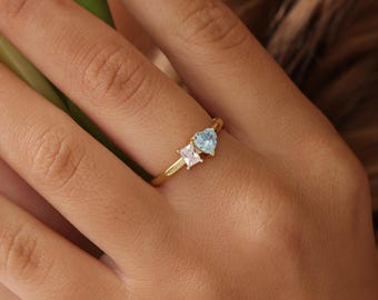 Dainty Two Birthstone Ring, Custom Heart Baguette Gemstone Ring, Twin Birthstone Jewelry, Mother Daughter Ring, Christmas Gift for Mom