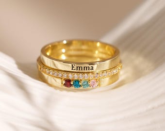 Custom Birthstone Stacking Rings Set, Set of 3 Gemstone Stacking Rings, Personalized Engraved Ring, Family Jewelry, Christmas Gift for Her