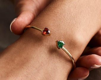 Custom Birthstone Bangle Bracelet,Two Stone Gold Cuff,Personalized Jewelry Gift for Mother Daughter or Sisters,Bracelet for Her
