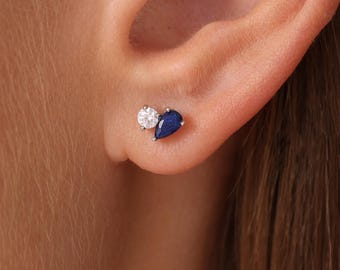 Custom Two Birthstone Earrings, Pear & Round Gemstone Studs, Toi et Moi Jewelry, Birthday Gift for Her, Christmas Gift for Mom, Family Gift