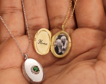 Custom Photo Locket Necklace, Birthstone Oval Locket, Personalized Engraved Picture Jewelry, Memorial Gift for Her, Christmas Gift for Mom