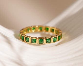 Square Bezel Set Birthstone Ring, Custom Birthstone Stacking Ring, Personalized Eternity Ring, Art Deco Jewelry, Birthday Gift for Her
