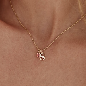 May include: A delicate gold necklace with a small pendant featuring the letter "S" and a small pink gemstone. The necklace is worn around the neck, showcasing its fine chain and elegant design.