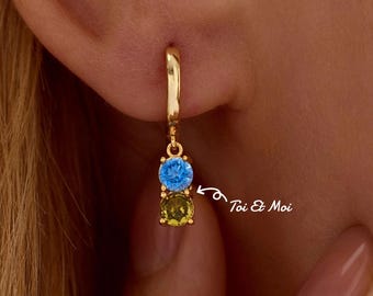 Custom Two Birthstone Hoop Earrings, Dainty Round Drop Earrings, Fine Jewelry, Personalized Gift for Mom Wife Daughter