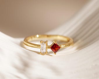 Two Birthstone Ring Personalized, Baguette & Square Cut Ring, Mother Daughter Jewelry, Christmas Jewelry Gift, Couples Gift, Birthday Gifts
