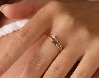 Custom Two Birthstone Ring, Baguette Round Gemstone, Toi Et Moi Ring, Mother Daughter Ring, Couples Jewelry, Christmas Gift for Mom