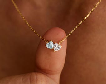 Zarte Herz-Geburtssteinkette, personalisierter 2-Stein-Schmuck, romantisches Erinnerungsgeschenk für sie, Schmuck für Seelenverwandte