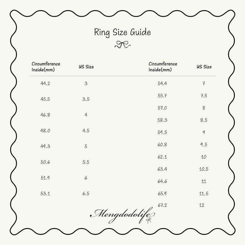 May include: A black and white ring size guide chart with a scalloped border. The table lists circumference in millimeters alongside corresponding US ring sizes ranging from 3 to 12. The text Mengdodolife is printed at the bottom of the chart.