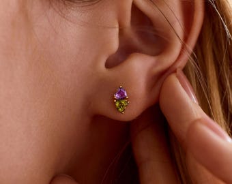 Personalized Double Heart Birthstone Stud Earrings, Minimalist Two Stone Jewelry, Anniversary Gift for Her, Birthday Gift