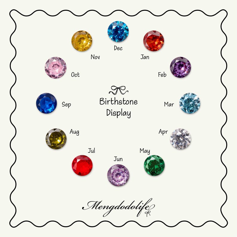 May include: A birthstone display chart featuring twelve circular faceted gemstones arranged in a circle, each labeled with a month abbreviation. The text reads Birthstone Display and Mengdodolife, framed by a decorative scalloped border.