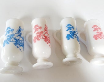 Avon Milk Glass Demi-Tasse Set: Red and Blue Romantic Charm in a Set of Four