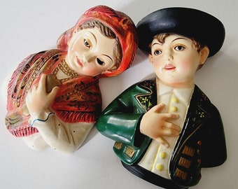 Vintage Made in Portugal Gypsy Ceramic Couple Wall Art - Hand-Painted, Heart-Holding, Glass-Eyed Collectible