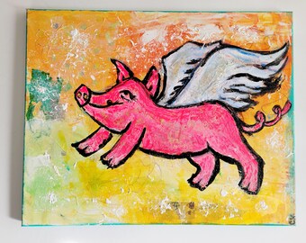 Abstract Hot Pink Flying Pig Painting by Courtnie Vermillion - Unique and Original Artwork