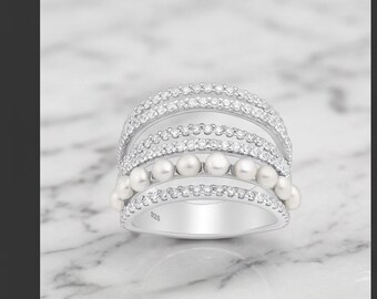 925 Sterling Silver Ring with Freshwater Pearls and CZ
