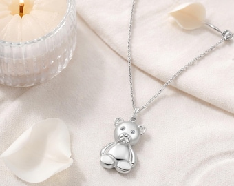 Sterling Silver Bear Pendant – Minimalist CZ Charm Necklace for Women