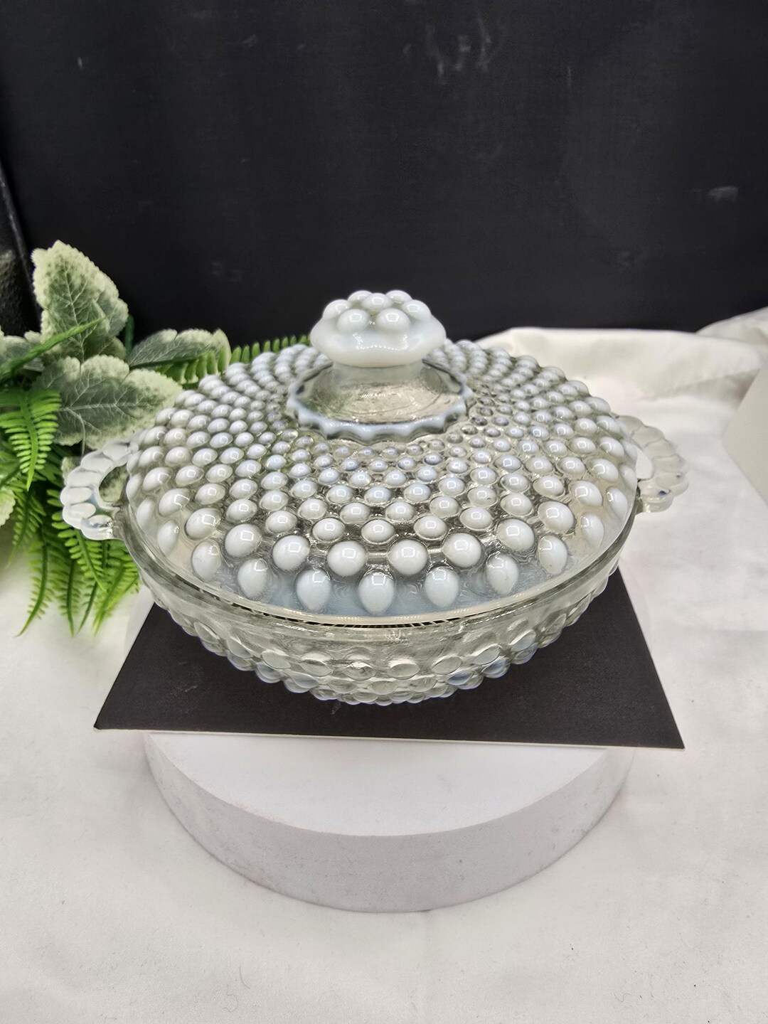 Fenton Moonstone Opalescent Hobnail Covered Candy Dish With Handles - Etsy