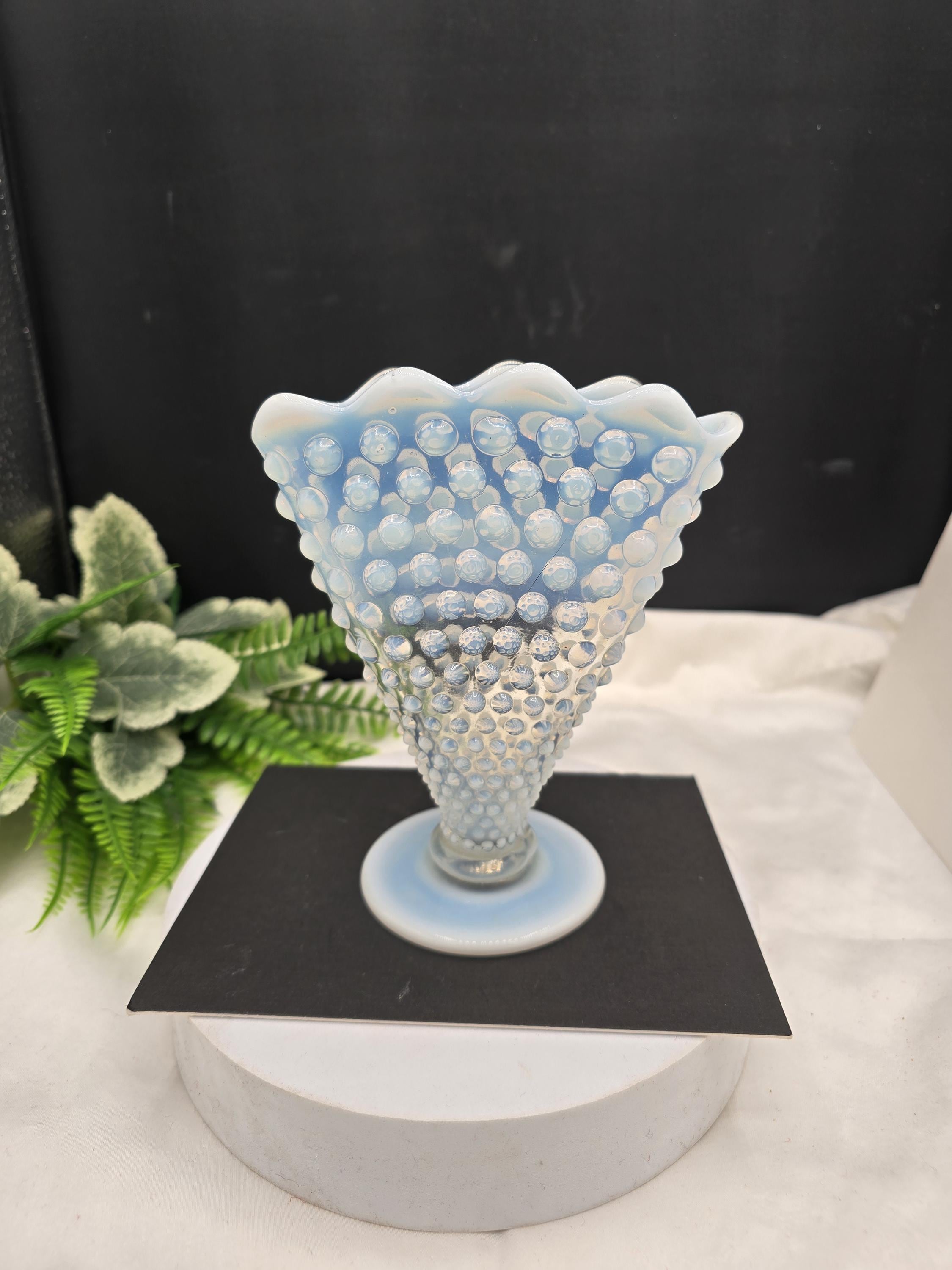Vintage Fenton Art Glass "fan" Vase in a Blue Opalescent Hobnail ...
