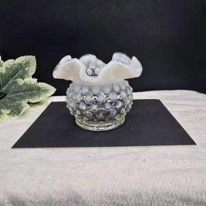 Vintage Fenton Hobnail Moonstone  White to Clear Opalescent Ruffle Top Vase