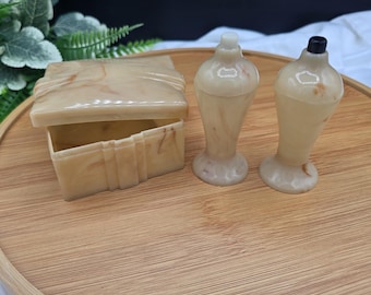 Vintage Carvanite Salt and Pepper Shaker Set with a Matching Rectangular Box