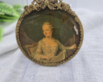 Antique French Chatelain Lady Portrait Painting Round Gilt Brass Bow Frame D 3"