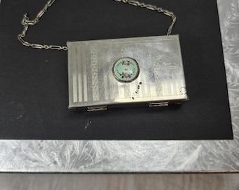 Antique French Guilloche Enamel Silverplate compact lipstick carry case from the early 1900s.