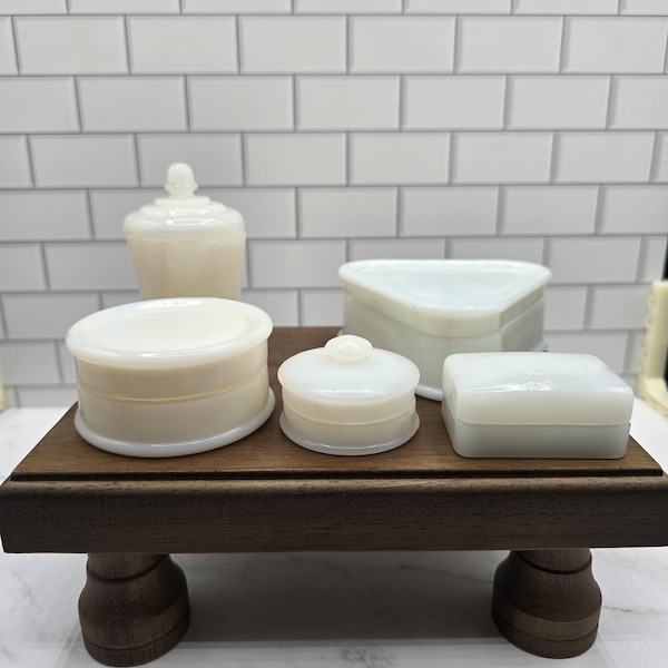 Vintage Mid Century White Milk Glass Vanity Set 6 Piece, Covered Powder Jars, Soap Dish & Dresser Boxes