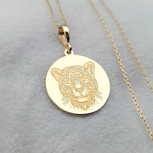 14K Gold Panther Engraved Charm Necklace: Dainty Animal Jewelry