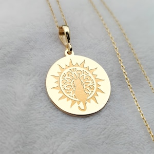 14K Solid Gold Sun Cat Necklace: Handmade Kitten Silhouette Charm