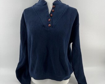VTG Lands End Henley Pullover Knit Sweater Womens L Navy Blue Boxy Cottage USA