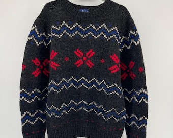 VTG Woolrich Crew Neck Pullover Sweater Mens XL 100% Wool Fair Isle Gray Ribbed