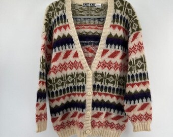 Knit Knit Mohair Crdigan Sweater Womens M Vintage 90s Geometric Grandma Cottage