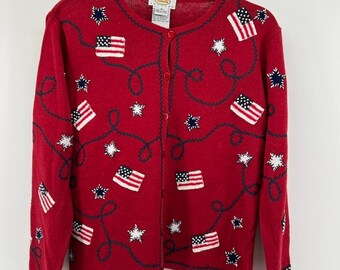 VTG Talbots Linen Cotton Cardigan Sweater Womens MP Red American Flag Patriotic