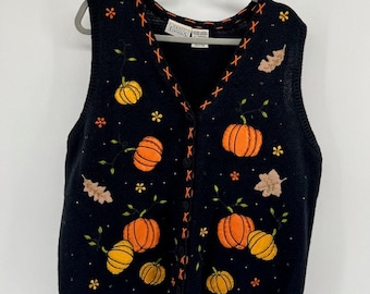 VTG Basic Editions Pumpkin Novelty Cardigan Sweater Vest Womens XL Embroidered