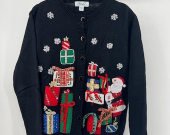 VTG Haband Christmas Holiday Cardigan Sweater Womens M Black Santa Bows Cottage