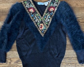 VTG 90s Shannan Handbeaded V Neck Sweater Womens M Black Floral Angora Cotton
