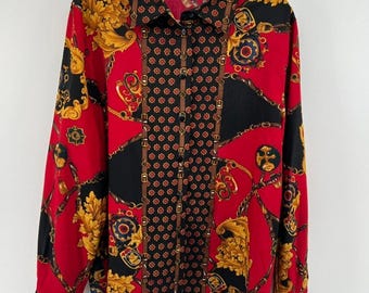 VTG Talbots 100% Silk Button Up Blouse Shirt Womens 16 Equestrian Horsebit Red