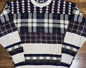 VTG 90s Woods and Gray Crewneck Knit Sweater Mens L Striped Cotton Multicolor