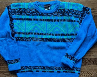 VTG 80s Demetre Pure Wool Crewneck Ski Sweater Mens L Fair Isle Geometric Blue
