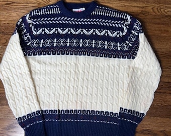 VTG 1166 Collection Cableknit Fair Isle Pullover Sweater Mens XL Blue Cream