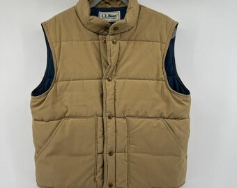 VTG LL Bean Puffer Vest Mens L Beige Blue Gorpcore Snap Front Outdoor 80s USA