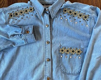 VTG 90s Gepetto Chambray Shirt Womens L Embroidered Gold Black Stars
