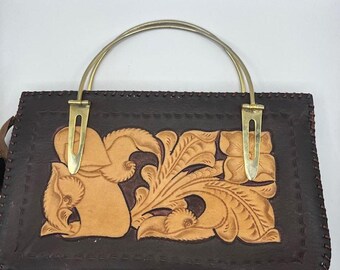 VTG Unbranded Handmade Carved Leather Purse Handbag Tan Brown Floral Gold Handle