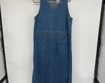 VTG 90s Erika & Co. Denim Jumper Dress Womens M Cottage Teacher Cotton Pockets