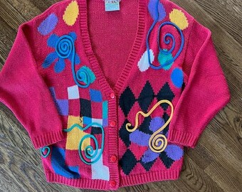 VTG 80s CSL Cherry Stix Ltd Knit Cardigan Sweater Womens M Colorful Geometric