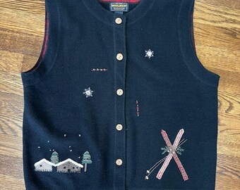 VTG 90s Woolrich Winter Scene Vest Womens L Black Cottage Primitive Barn Snow