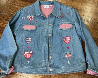 VTG Tantrums Denim Jean Jacket Womens LP July 4 America Holiday Embroidered