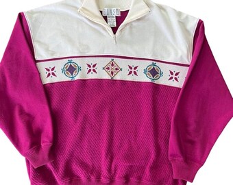 VTG 80s 90s Quarter Zip Knit Pullover Sweater Womens L-Pet Colorblock Geometric