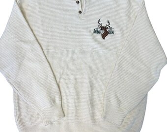 VTG Shenandoah Cotton Knit Pullover Sweater Mens XL Deer Buck Cream USA Grandpa