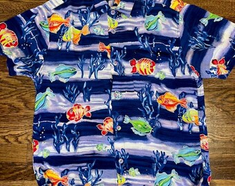 VTG 90s Jams World Hawaiian Shirt Mens M All Over Fish Beach Surf Rayon USA